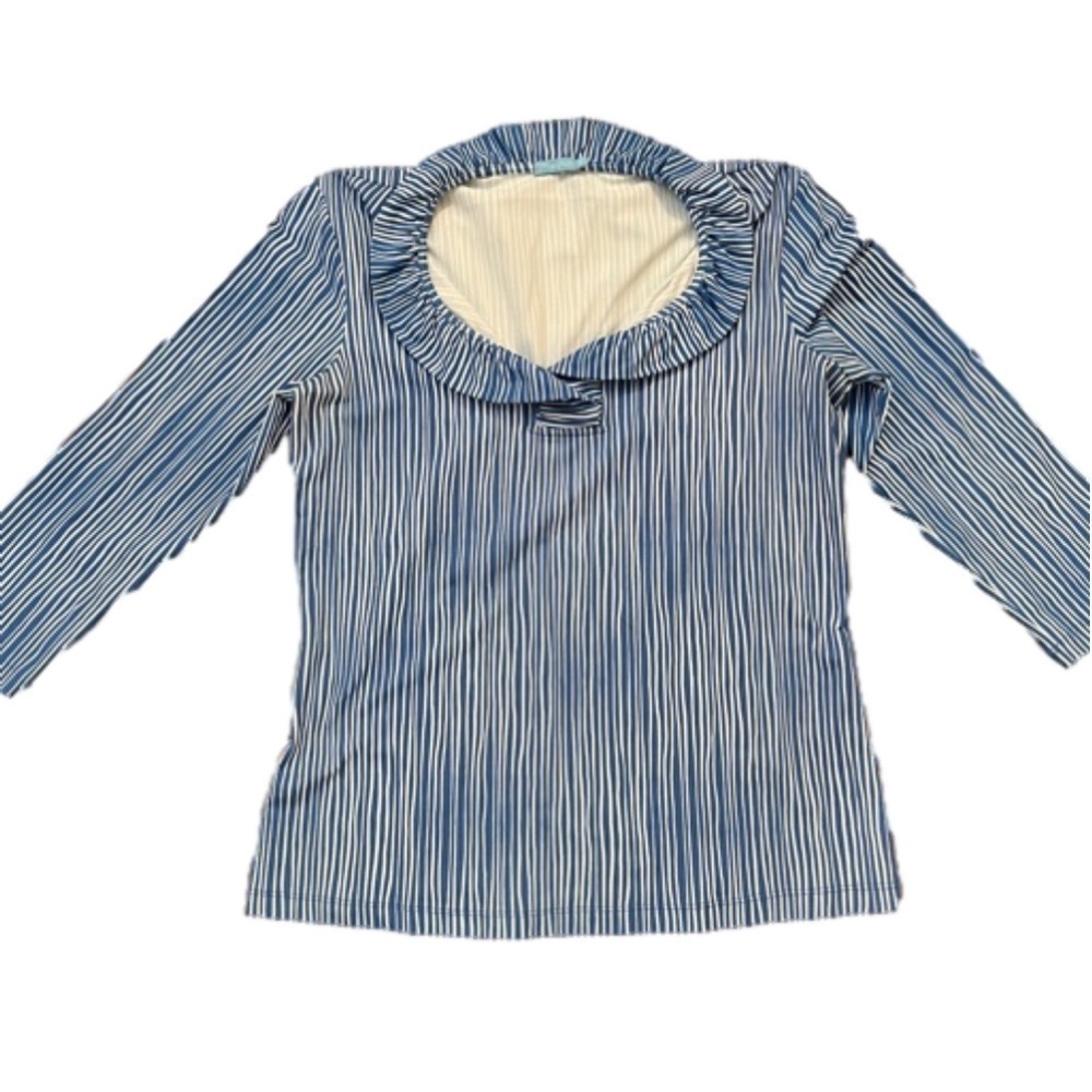 J. MCLAUGHLIN Durham Blue and White Ruffle Top 3/4 Sleeve Stretch - Picture 2 of 6